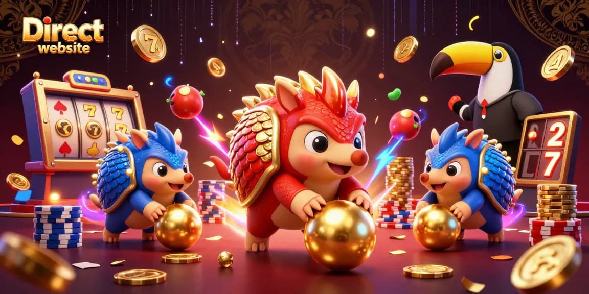 Engage in thrilling gameplay dynamics with the Direct website, featuring rival pangolins and vibrant casino elements.