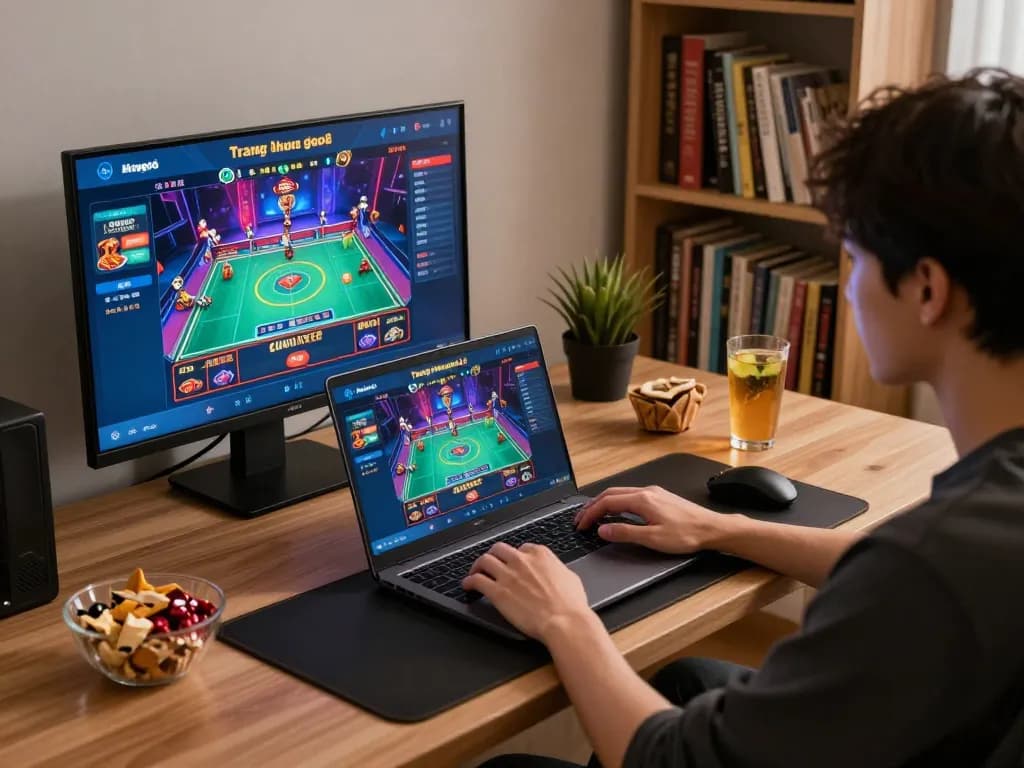 Engaging scene of a player on trang chủ go8 using a laptop for online gaming, showcasing a vibrant casino interface.