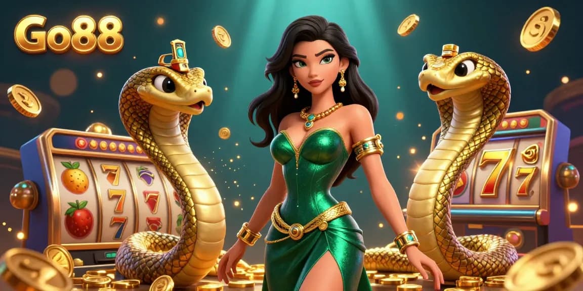 Win big with Go88's ultra-realistic casino illustration featuring a glamorous lady amidst shimmering slot machines and golden elements.