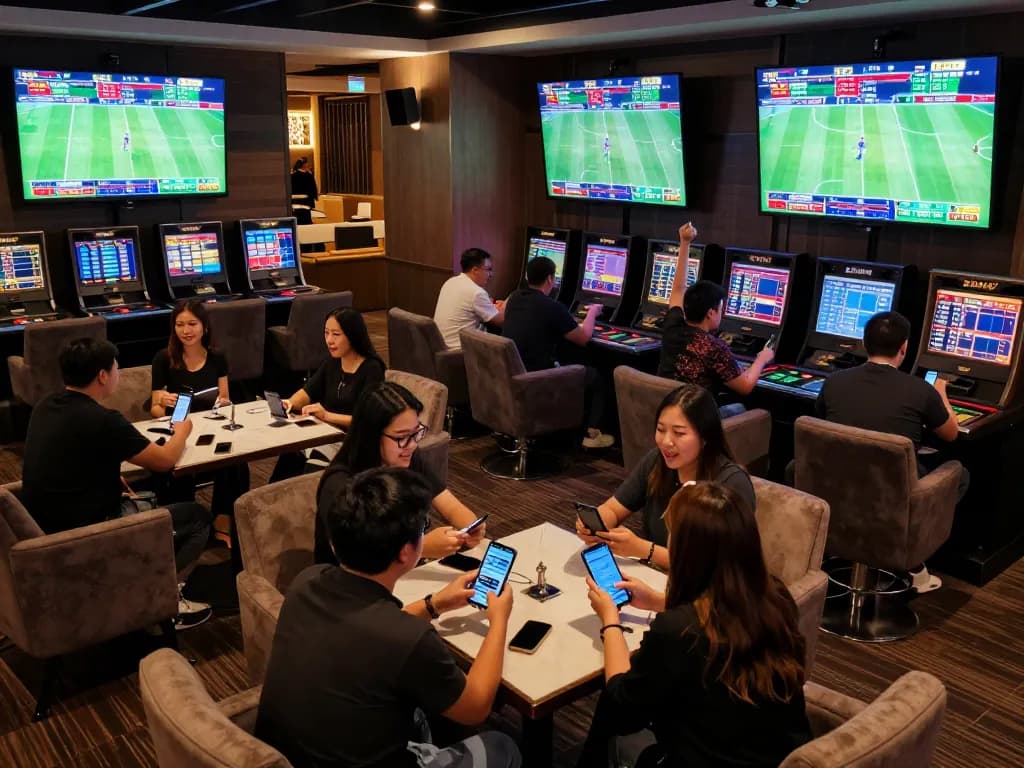 Sports fans engaging in soi keo nha cai betting at a modern casino lounge with live game screens