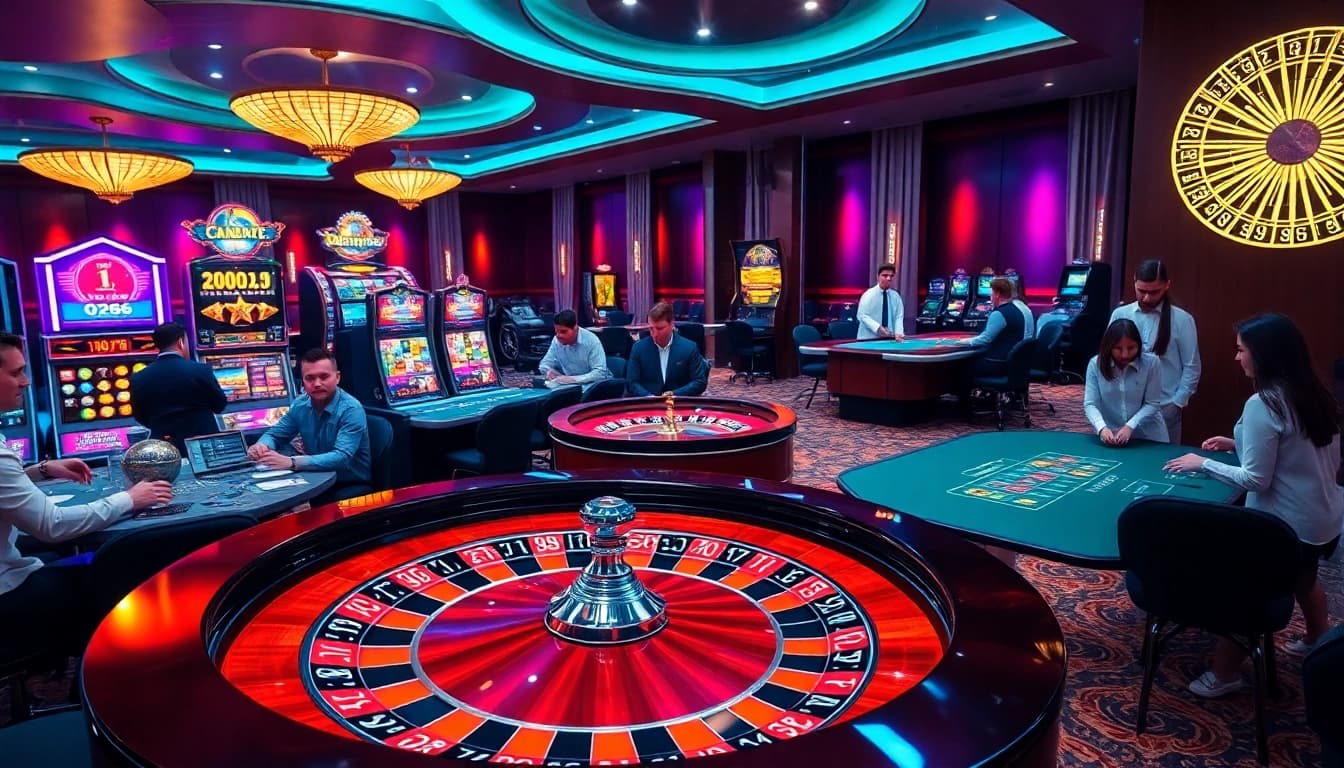 Engaging scene of a vibrant casino showcasing QQ88 tables and slot machines.