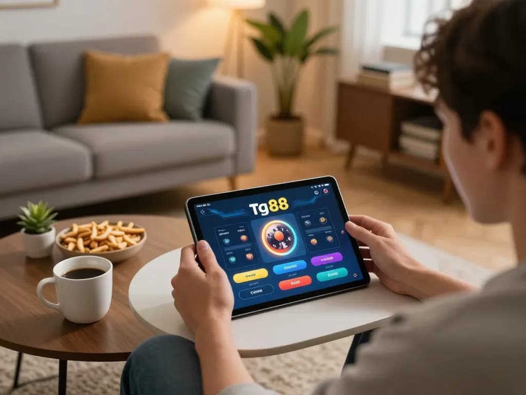 Player engaging with the tg88 casino app on a stylish tablet, enjoying a home gaming session.