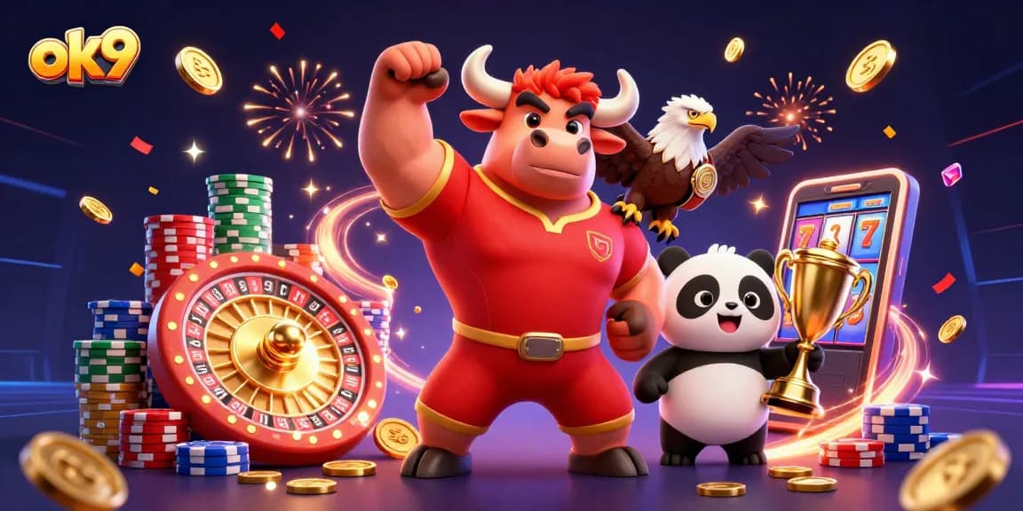 Experience thrilling action at ok9 with charismatic mascots celebrating wins in a vibrant casino scene.