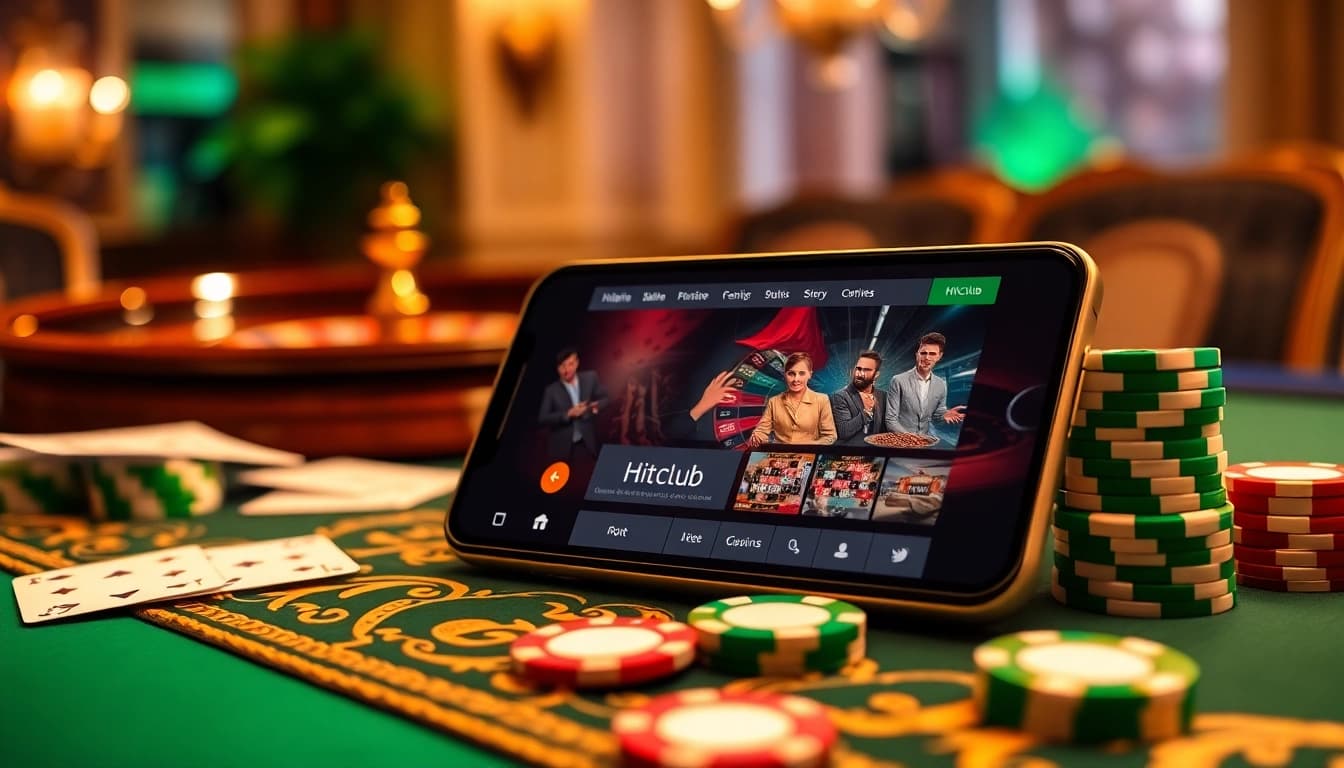 Hitclub platform displayed on a mobile device with roulette and poker chips.