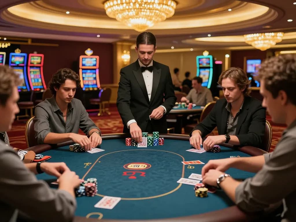 Players enjoying a strategic poker game at Rikvip, showcasing engaging gameplay and luxury casino decor.