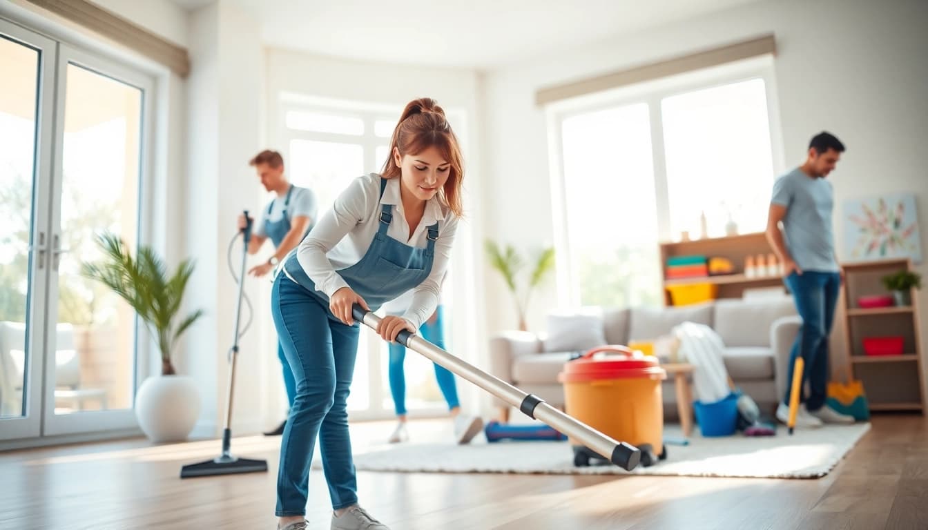 Engaged team providing cleaning services near me in a bright, modern home setting.