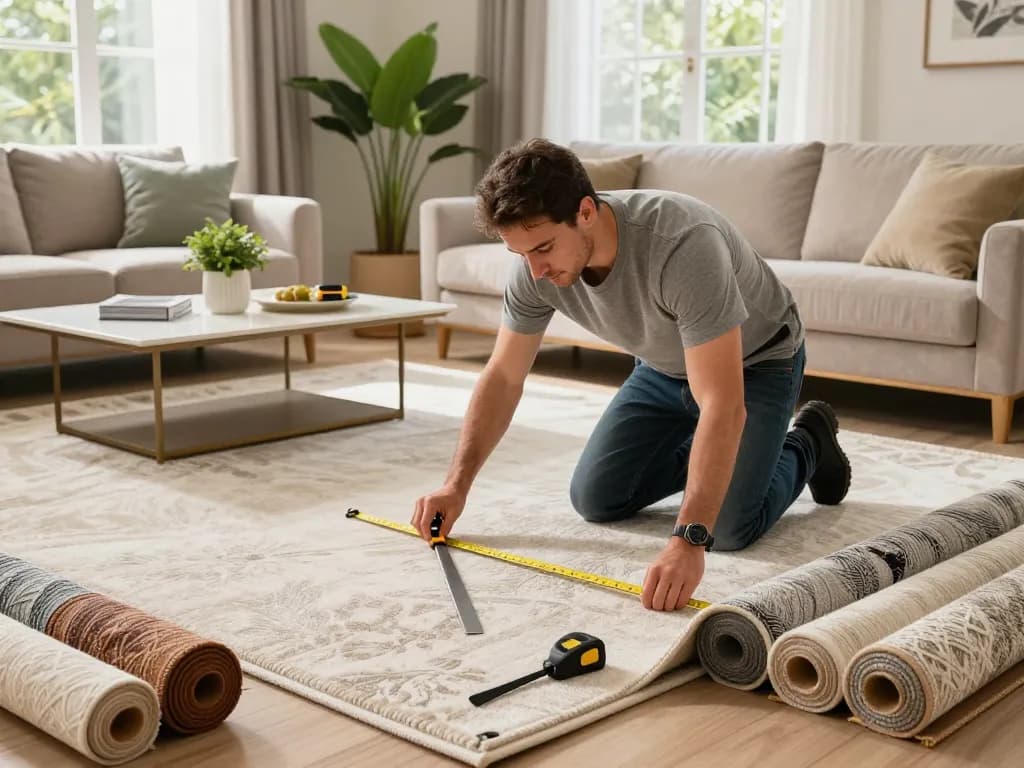 Expert carpet fitting services West London in a stylish living room with a carpet fitter measuring a luxurious carpet.