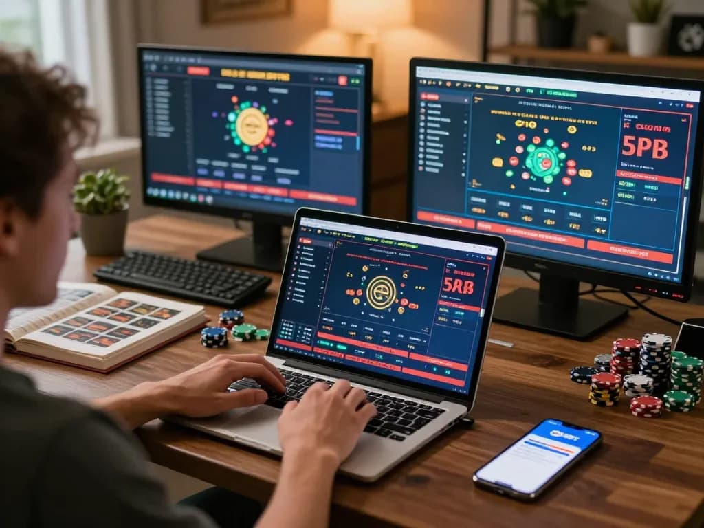 Engaged player exploring SHBET .COM while strategizing on a laptop with immersive gaming setup