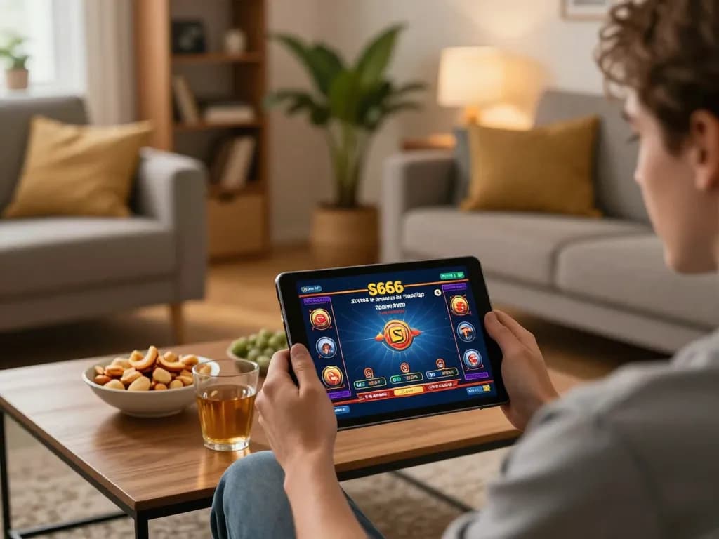 S666 app gameplay on tablet in cozy living room, showcasing casual mobile gambling.