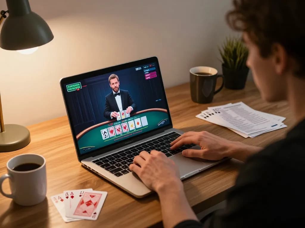 Experience live dealer blackjack at nhà cái cm88, with engaged player using a laptop displaying game action.
