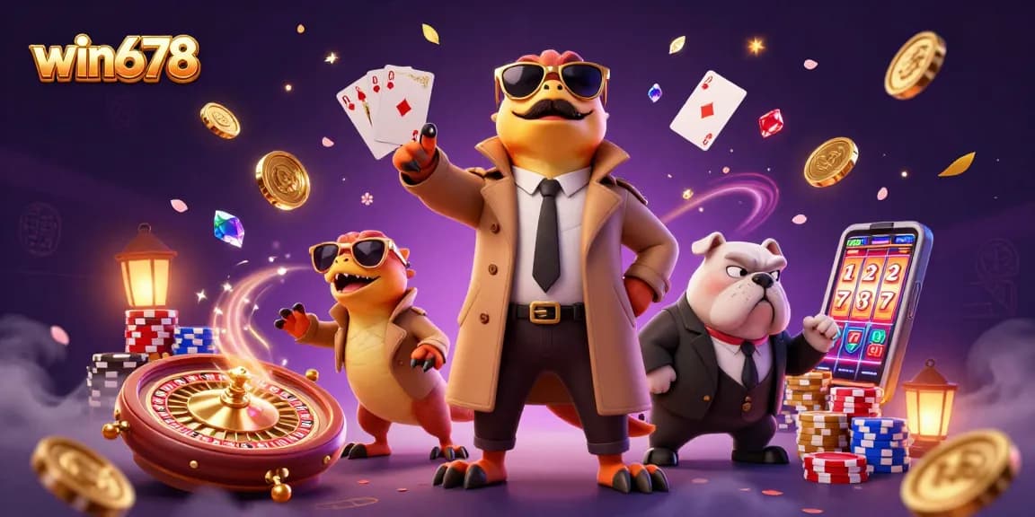 Experience thrilling gaming excitement with win678, featuring playful raptors and dazzling casino elements.