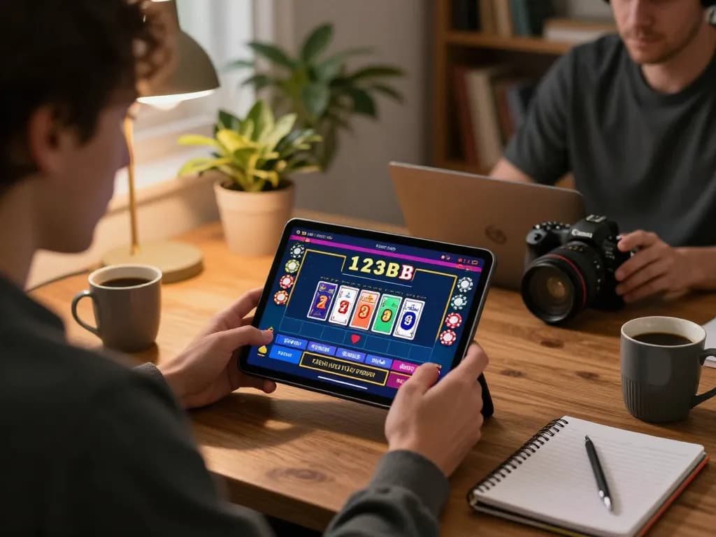 Playing live dealer games on 123B app with a tablet in a cozy home setting