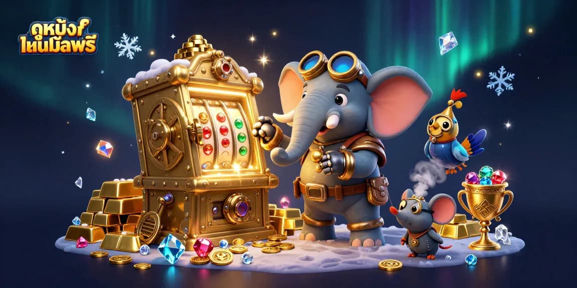 Spin and win with ดูหนังออนไลน์ฟรี, featuring vibrant steampunk casino elements and sparkling treasures.
