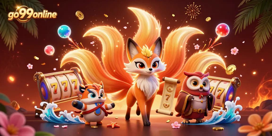 Experience vibrant gaming action with go99online, showcasing a lively casino atmosphere featuring slot reels and spirit characters.