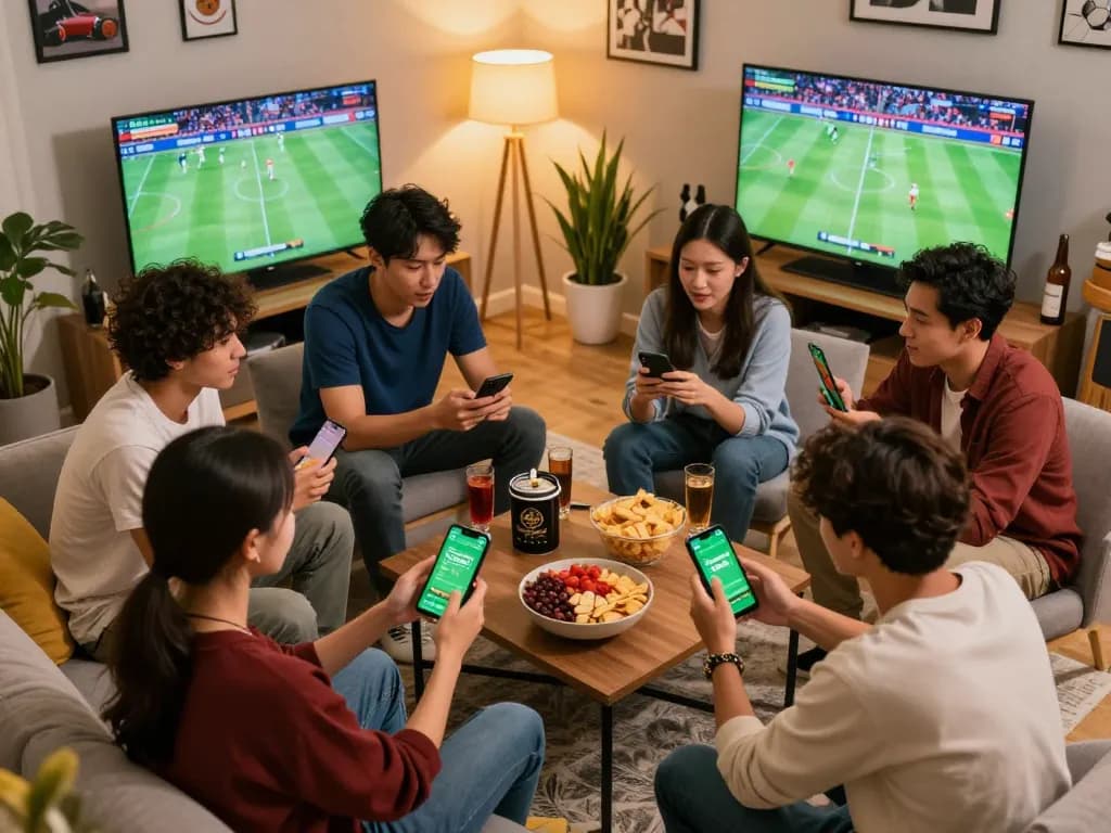 Friends enjoying a thrilling sports betting session using the 1gom app in a cozy living room.