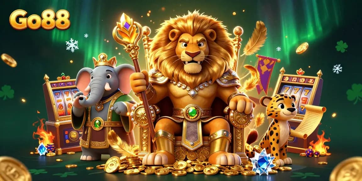 Experience thrilling gameplay at Go88 with a majestic lion king, elephant advisor, and cheetah messenger amidst vibrant slot elements.