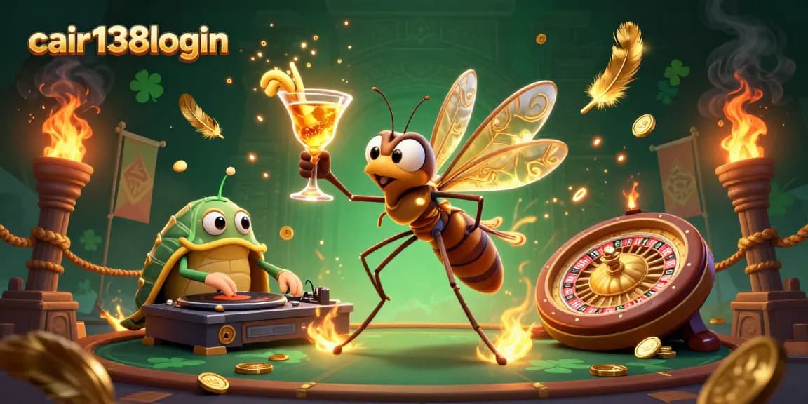 Spin to win with cair138login at a vibrant casino scene featuring animated characters and gambling elements.