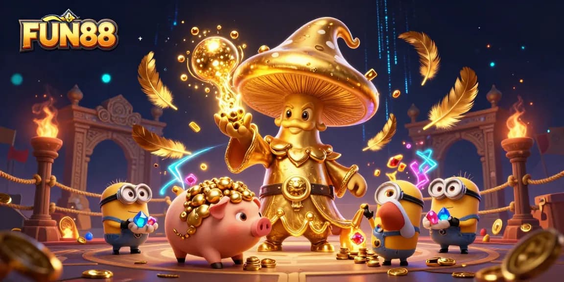 FUN88 ignites excitement with a dynamic 3D scene featuring a golden mushroom wizard and treasure-finding minions.