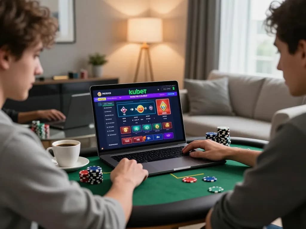 Engaged player enjoys online kubet gaming on a sleek laptop in a cozy living room setting.