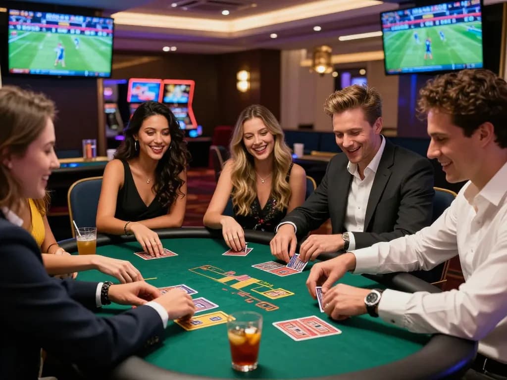 Group of friends enjoying gambling at a vibrant casino table, showcasing the excitement of https://rikbet.in.net/ betting experiences.