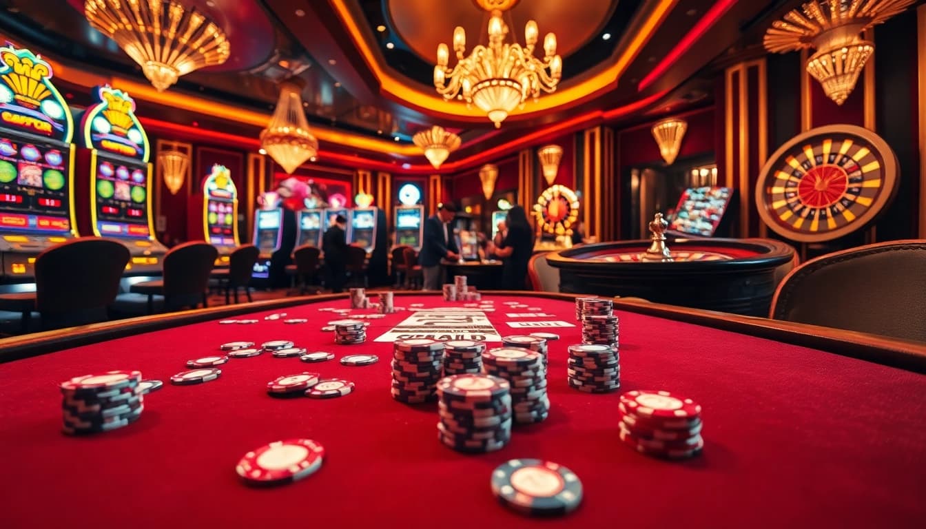 Experience the excitement of EV88 net with players engaging at a poker table surrounded by stunning slot machines.