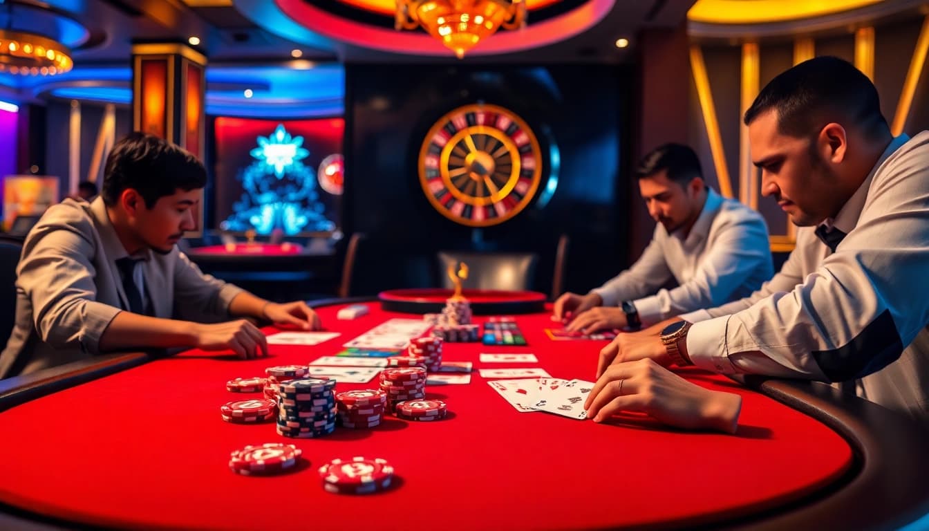 Experience thrilling gameplay at TG88 casino with vibrant poker tables and lively atmosphere.