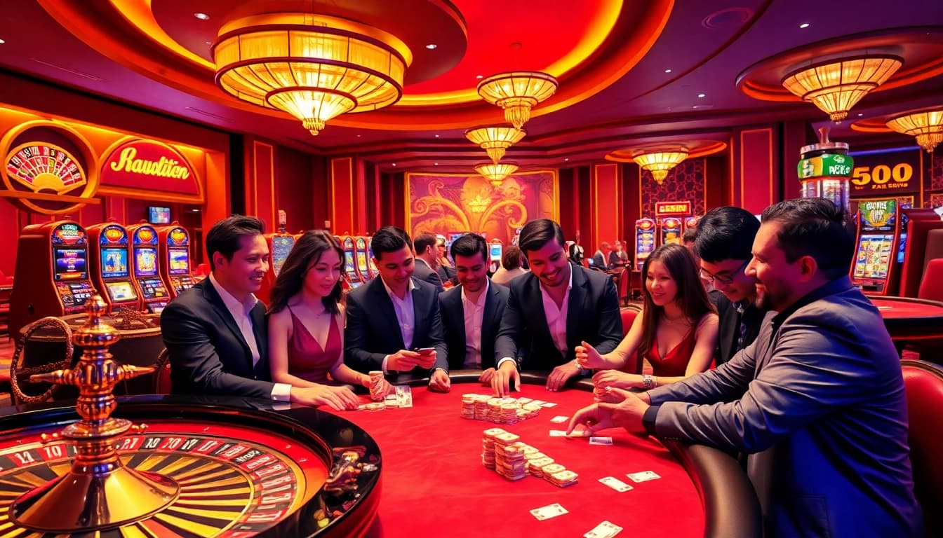 Experience the excitement of 58win at a luxurious casino with players enjoying poker and slot machines.