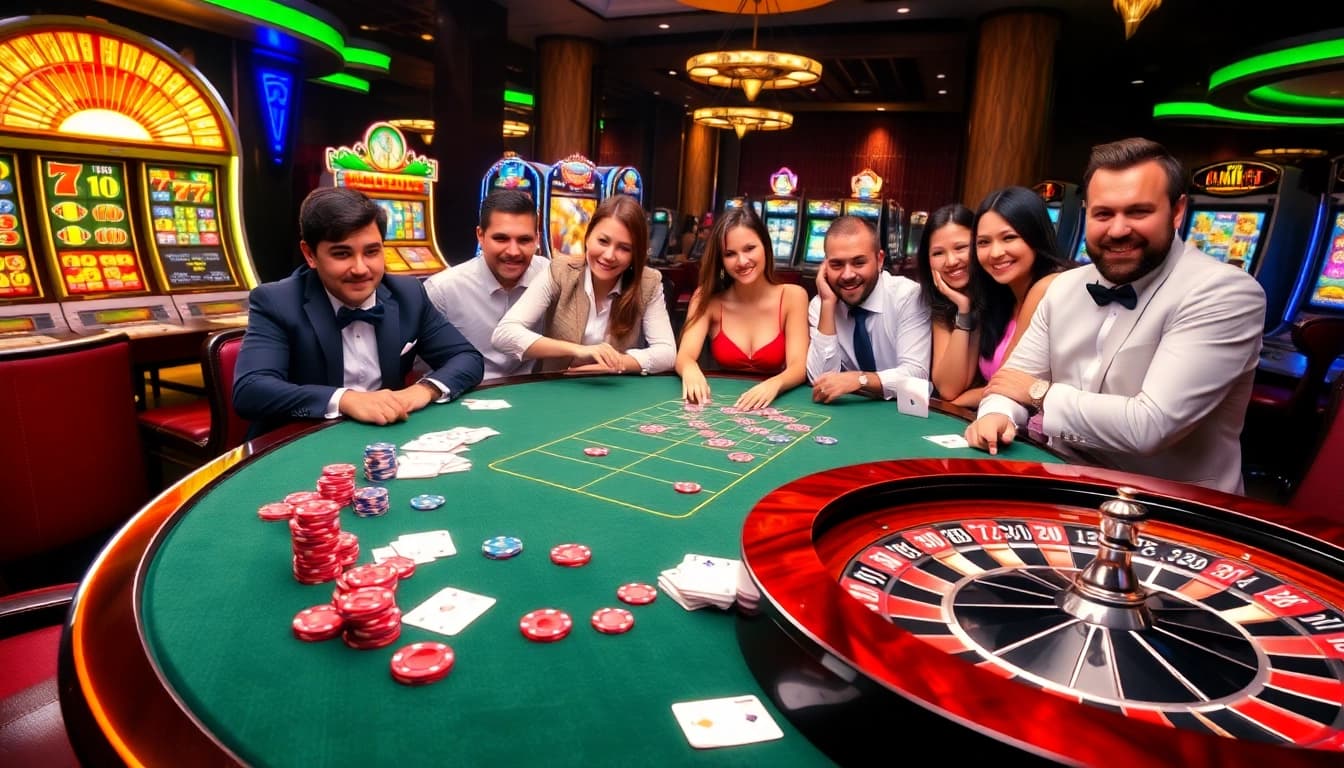 Players engaging at a thrilling 789P casino table in a vibrant, luxurious atmosphere.