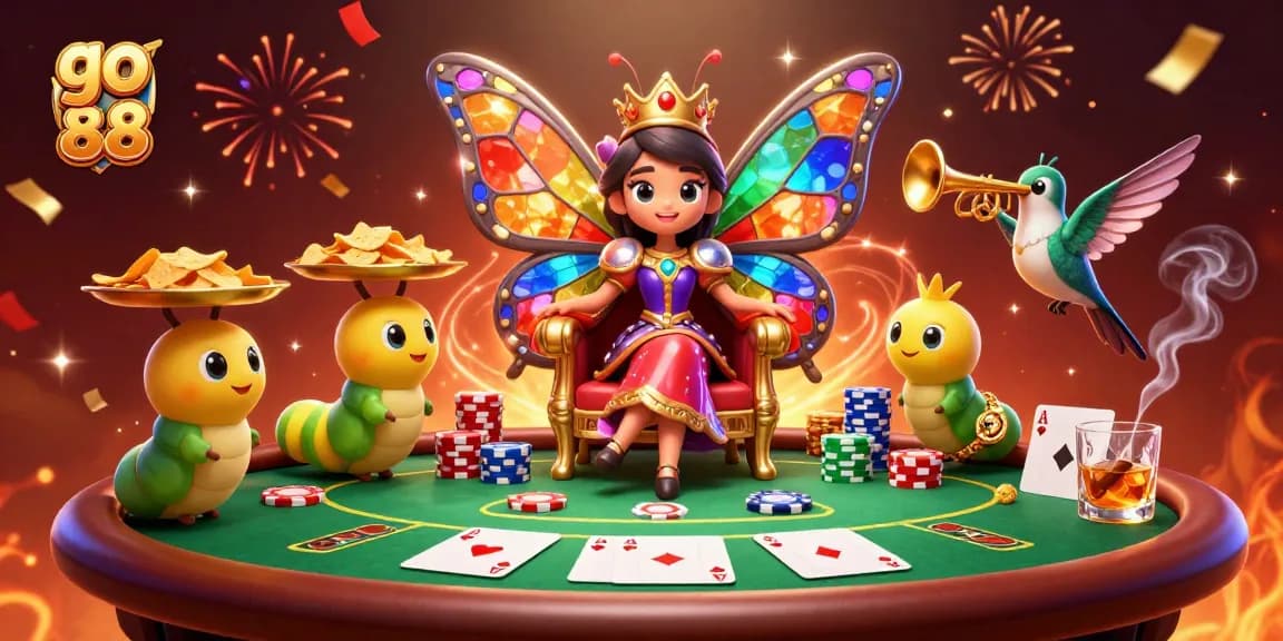 Engage with go 88's lively casino scene featuring a butterfly queen and poker elements.