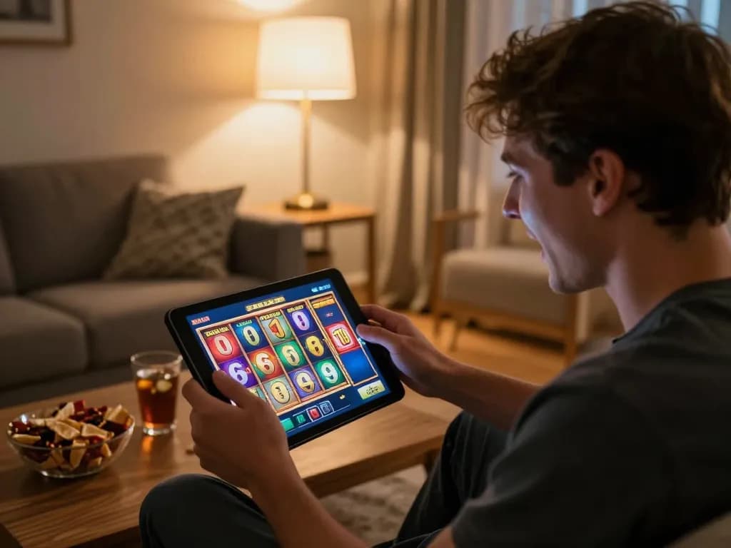 Excited player enjoying sc88 casino slot game on tablet in a cozy home environment