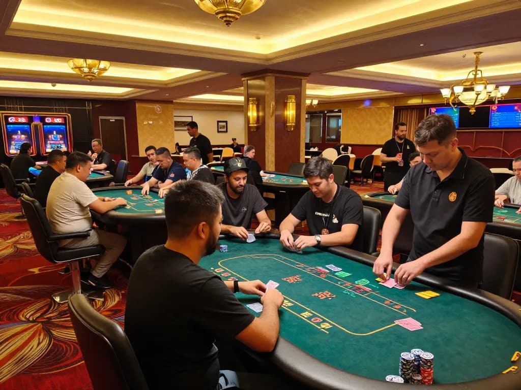 Players enjoying an exciting poker game at CM88's vibrant casino floor with brilliant ambiance.
