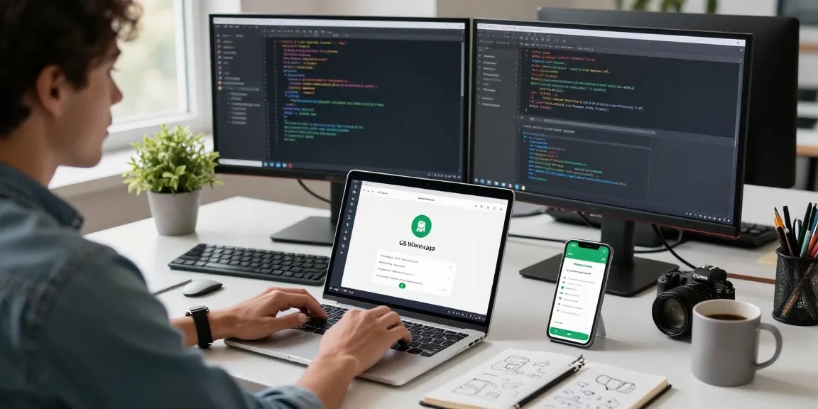 Developer working on the GB WhatsApp app interface in a modern office setup.