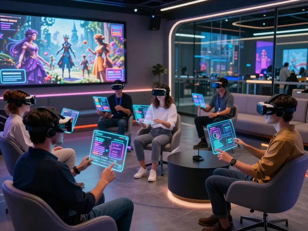 Engaging NSFW AI chat in a futuristic virtual reality lounge with diverse adults.