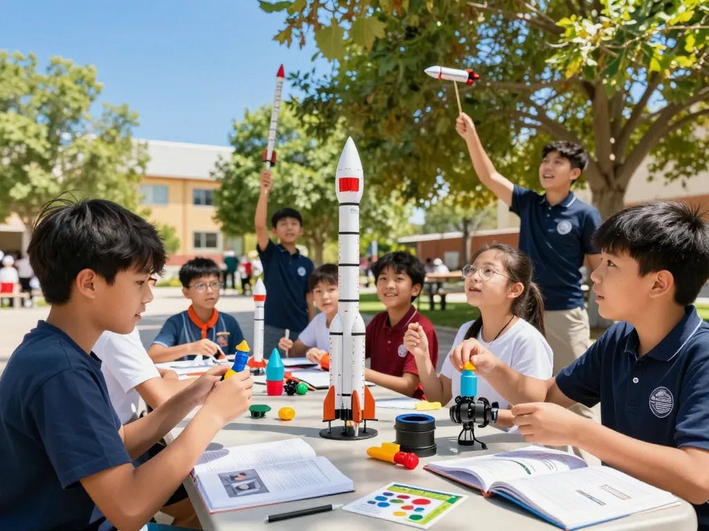 Students building model rocket kits outdoors, showcasing teamwork and STEM learning in a vibrant schoolyard.