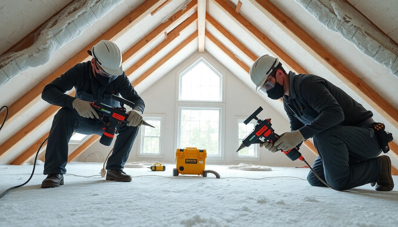 Action by spray foam removal specialists diligently working to clear out material in residential attic.