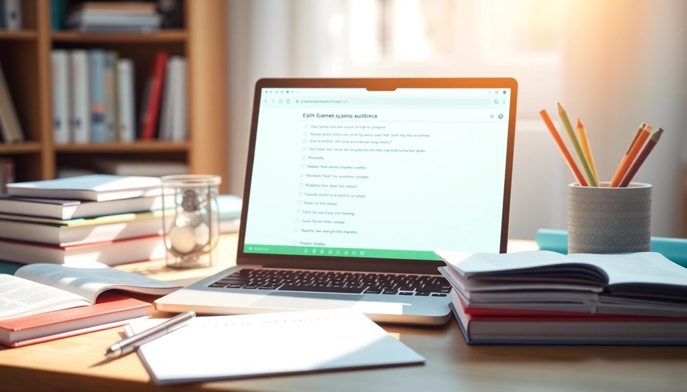 Engaging scene showcasing online exam assistance with a laptop and study materials.