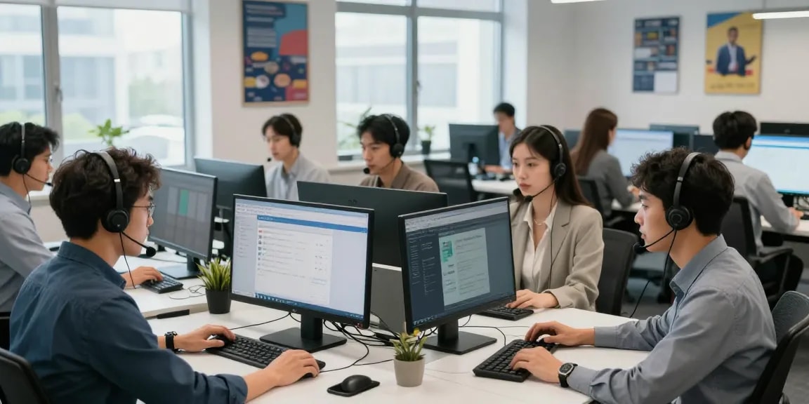 Call centre software team collaborating in a vibrant office, showcasing modern technology and supportive environment.