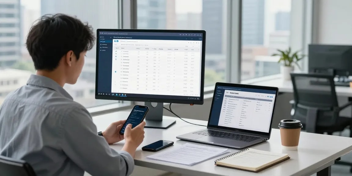 Check phone number uk in a modern office, professional using phone lookup tool on a monitor.