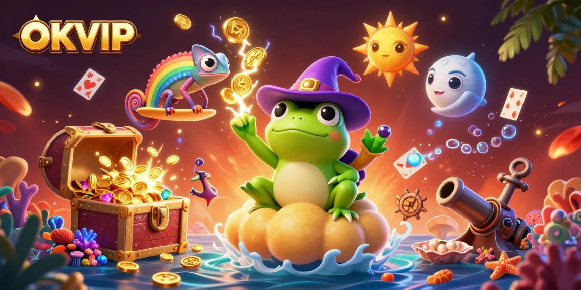 Players explore OKVIP's online gaming paradise featuring vibrant characters and rich prizes.