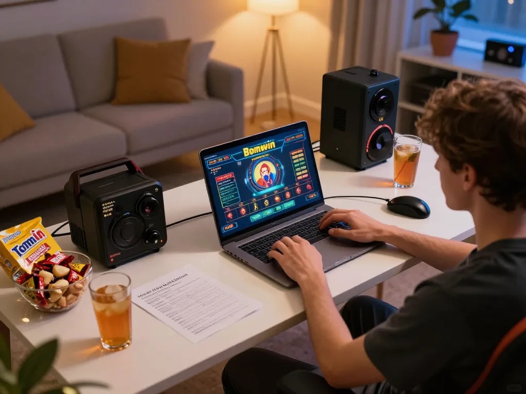 Player enjoying a Bomwin gaming experience on laptop in a cozy setting
