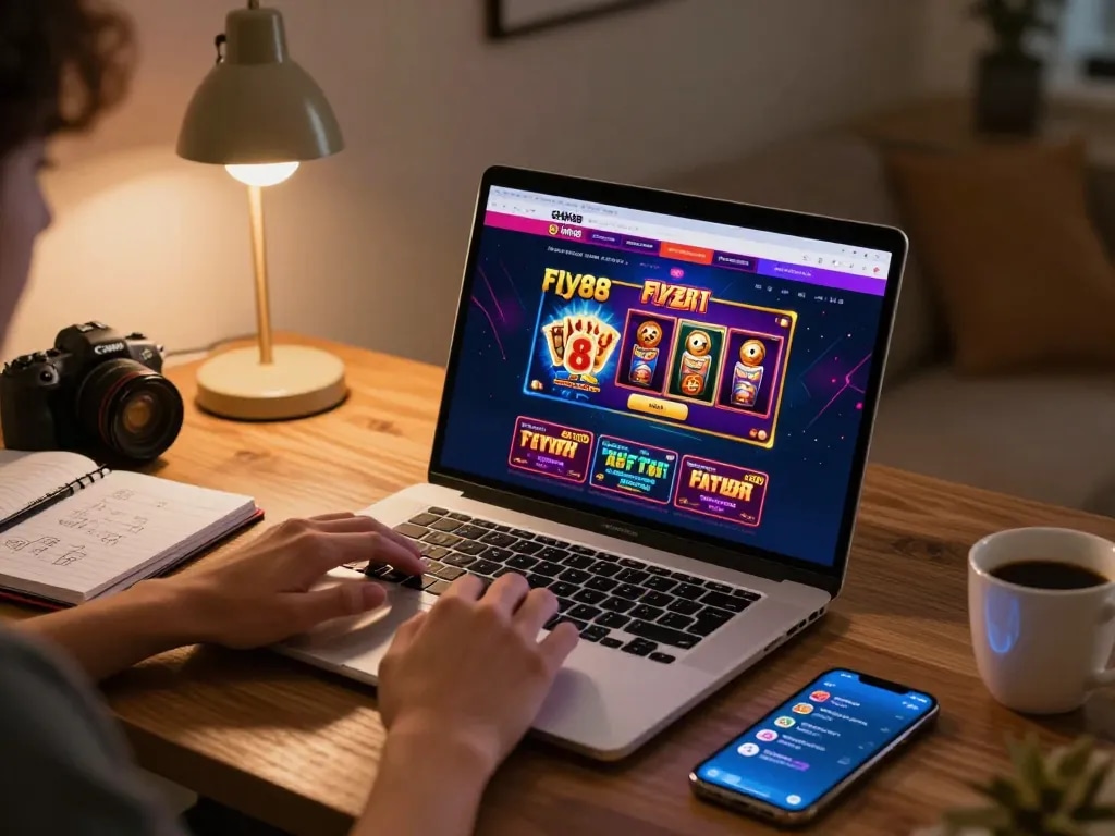 Player engaging in fly88 online casino gaming on laptop in a cozy environment.