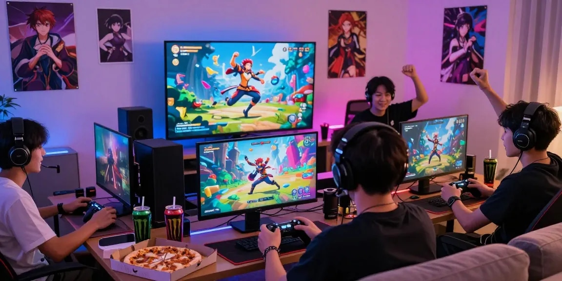 Engaged players enjoying online hentai games in a vibrant gaming setup.