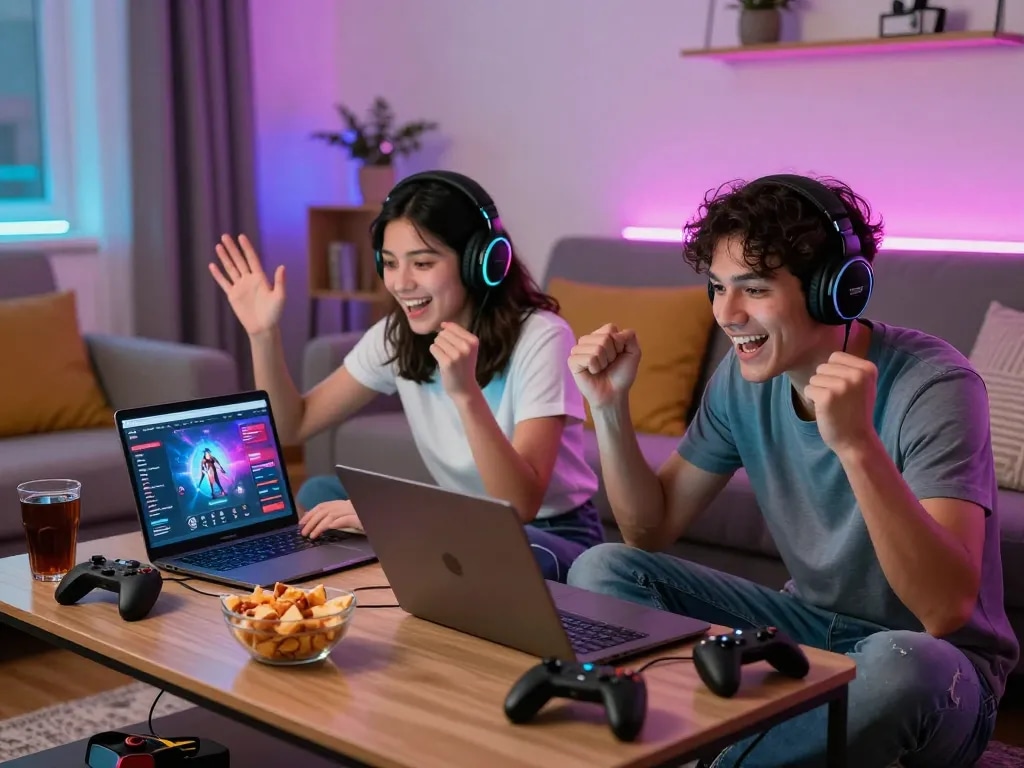 Engaged players enjoying a dynamic porn game in a vibrant home gaming setup.