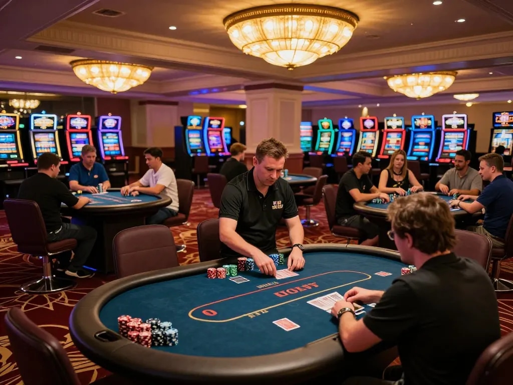 Players strategizing at ATQ poker tables in an upscale casino, vibrant surroundings enhance engagement.