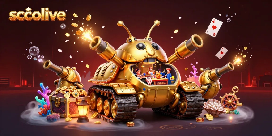 Experience the thrill of socolive with a vivid 3D casino scene showcasing a golden beetle tank.