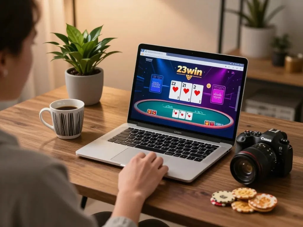 Player placing strategic bets on the 23win online poker interface while enjoying a cozy home setup.