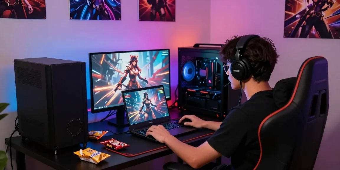 Engaging scene of a player enjoying a real hentai game with vibrant gaming setup and dynamic lighting.