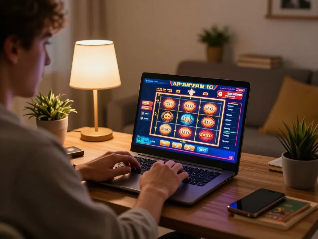 Engaged player exploring the 888vnd online casino experience from a cozy home setting.