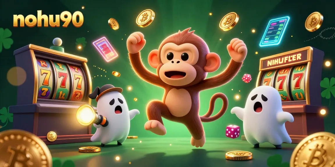 Spin to win with nohu90 in a vibrant and lively 3D casino scene featuring playful characters and slot elements.
