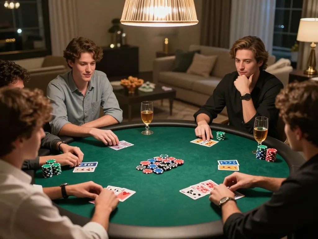 Players enjoying an exciting poker night at home with Vin 88-themed atmosphere and competitive spirit